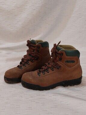 Asolo Brown Leather Hiking Boots with Green Collar Size 7.5